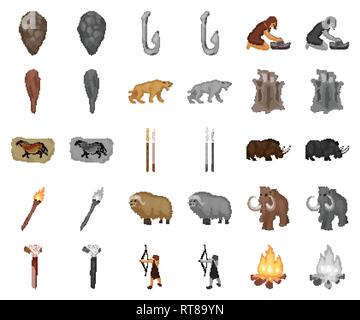 L'età,antica,animale,antichità,freccia,ax,inizio,osso,bow,campfire,cartoon,monochrom,caveman,cavewoman,raccolta,cultura, design,sviluppo,epoch,fauna,pesce,mola,nascondi,gancio,l'umanità,icona,immagine,isolato,vita,logo,l'uomo,muskox,Pittura,Persone,periodo,rinoceronte,saber-dentata,impostare,segno,spears,pietra,sopravvivenza,il simbolo,tiger,attrezzo,Torcia,sfollagente,vettore,Venere,web,mammut lanosi vettori vettore , Illustrazione Vettoriale