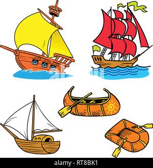 Sulla figura di un insieme di vari tipi di navi cartoon, isolato su sfondo bianco Illustrazione Vettoriale