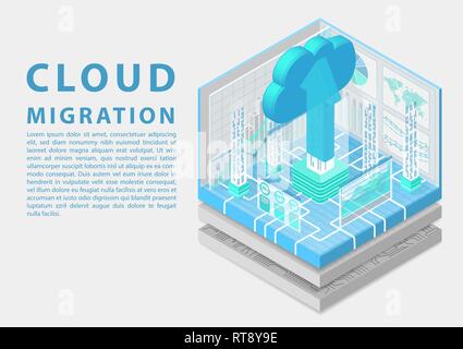 Cloud concetto di migrazione con il simbolo del cloud flottante e caricare freccia isometrica come 3d illustrazione vettoriale. Illustrazione Vettoriale