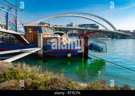 House boat sul fiume Rodano, Lyon Foto Stock