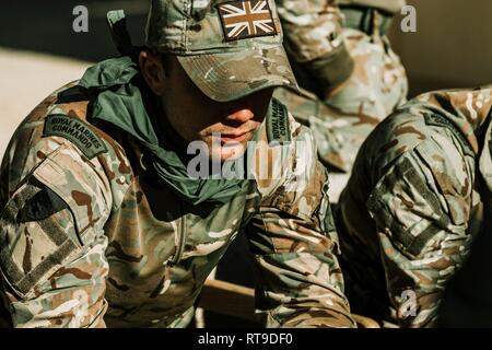 Un U.K. Royal Marine con 45 Commando prende parte alla formazione integrata di esercizio (ITX) 2-19 a gamma 220, Marine Corps Air Ground Centro di combattimento, ventinove palme, Calif. Gen 26, 2019. ITX crea un impegnativo, addestramento realistico ambiente che produce la lotta contro-pronto di forze in grado di operare come un sistema integrato di Marina di Massa aria Task Force. Foto Stock