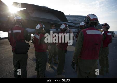 Mare delle Filippine (Jan 28, 2019) -- Marines caricare un Captive Air missile di formazione (CATM) 9X su una F-35B Lightning II aeromobili appartenenti alle Marine Fighter Attack Squadron 121 a bordo dell'assalto anfibio nave USS Wasp (LHD 1). Wasp, ammiraglia di Vespa Anfibia Gruppo pronto, con avviato 31 Marine Expeditionary Unit, è operativo nell'Indo-Pacifico regione per migliorare l'interoperabilità con i partner e servire come una pronta risposta in vigore per qualsiasi tipo di emergenza. Foto Stock