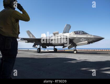 Mare delle Filippine (Jan 28, 2019) -- Aviazione di Boatswain Mate (movimentazione) terza classe Rulloda Noel, da Chicago, saluta il pilota di un F-35B Lightning II aeromobili appartenenti alle Marine Fighter Attack Squadron 121 prima che si toglie dal ponte di volo dell'assalto anfibio nave USS Wasp (LHD 1). Wasp, ammiraglia di Vespa Anfibia Gruppo pronto, con avviato 31 Marine Expeditionary Unit, è operativo nell'Indo-Pacifico regione per migliorare l'interoperabilità con i partner e servire come una pronta risposta in vigore per qualsiasi tipo di emergenza. Foto Stock