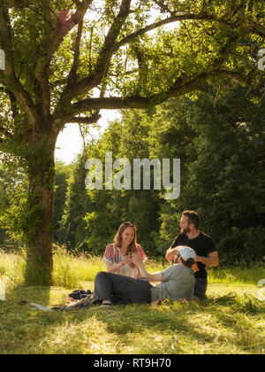 Tre amici bevendo vino insieme in un parco Foto Stock