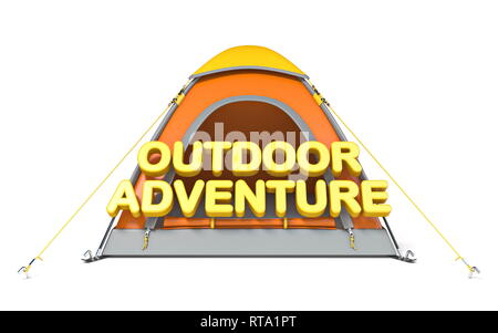 Tenda arancione con testo OUTDOOR ADVENTURE in 3D rendering 3D illustrazione isolati su sfondo bianco Foto Stock