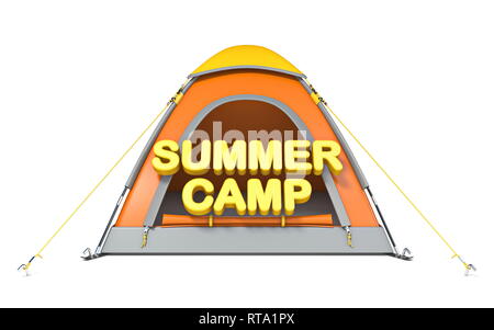 Tenda arancione con testo Summer Camp 3D rendering immagine isolata su sfondo bianco Foto Stock