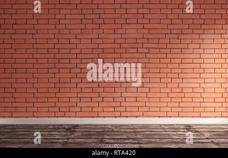 3D rendering illustrazione della grande e moderna sala rossa con pareti di mattoni e pavimento in parquet. Soppalco interno con condizioni di luce solare intensa. Studio, showroom, photostu Foto Stock