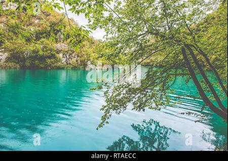 Una piccola cascata di una delle più incredibili laghi. I laghi di Plitvice in condizioni di tempo piovoso, Croazia. Una vera vergine e meraviglioso pezzo di natura. Foto Stock