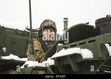 Stati Uniti Soldati assegnato al primo squadrone, secondo reggimento di cavalleria "Guerra Aquile", roll out alla gamma 35 manovra Baumholder Area Formazione, per una formazione situazionale esercizio in una Stryker fanteria veicolo portante. Baumholder, Germania il 01 febbraio, 2019 Foto Stock