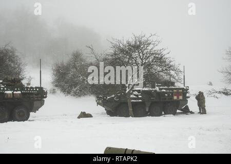 Stati Uniti Soldati assegnato al primo squadrone, secondo reggimento di cavalleria "Guerra Aquile", sulla manovra Baumholder Area Formazione 'BRAVO', su una formazione situazionale esercizio con 'Stryker' Fanteria veicoli da trasporto. Baumholder, Germania il 01 febbraio, 2019 Foto Stock