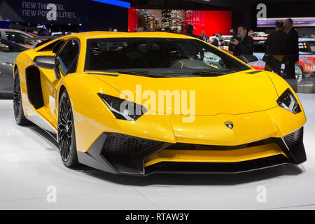 Ginevra, Svizzera - 4 Marzo 2015: Lamborghini Aventador LP 750-4 SuperVeloce ha rivelato all'ottantacinquesimo International Motor Show di Ginevra a Palexpo. Foto Stock