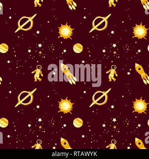 Modello senza soluzione di continuità con lo spazio: stelle, razzi, pianeti; illustrazione vettoriale Illustrazione Vettoriale