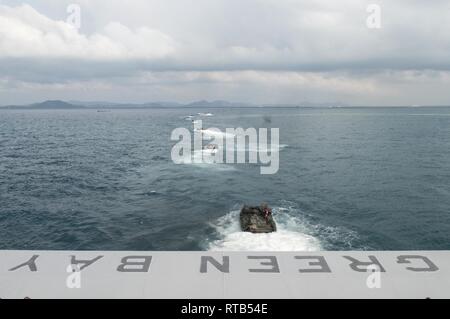 Golfo di Thailandia (feb. 7, 2019) - Assalto veicoli anfibi (AAV), assegnato al trentunesimo Marine Expeditionary Unit (MEU), partono bene deck di trasporto anfibio dock nave USS Green Bay (LPD 20) in preparazione per esercitare Cobra Gold 2019. Cobra Gold è un esercizio di multinazionale co-sponsorizzato dalla Tailandia e gli Stati Uniti che è destinato a far avanzare la sicurezza regionale e la risposta efficace alle contingenze di crisi attraverso una solida forza multinazionale per affrontare gli obiettivi comuni e gli impegni di sicurezza nella regione Indo-Pacifico. Foto Stock