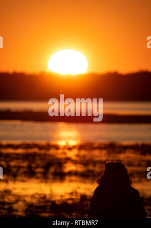 Silhouette di donna osservando l'alba sul lago Foto Stock