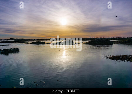 Tramonto al Fitzgerald Riserva Marina tidepools, Moss Beach, California Foto Stock