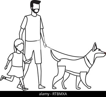 Famiglia e bambini cartoon in bianco e nero Illustrazione Vettoriale