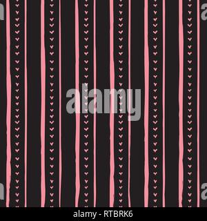 Ripetere decorativo seamless pattern con handdrawn righe e righe. Dipinto a mano strisce rosa e linee su sfondo nero. Alla moda di tessitura senza fine per Illustrazione Vettoriale