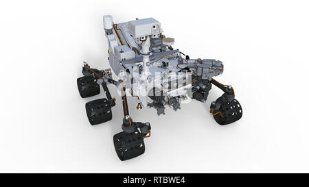 Mars Rover, spazio robotico autoveicolo isolato su sfondo bianco, 3D illustrazione Foto Stock