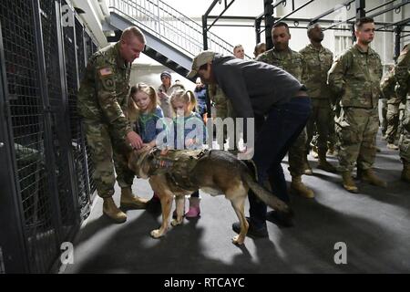 I soldati della 91Polizia Militare Battaglione accolti a casa due di loro quando Spc. Alec Alcoser e suoi militari cane da lavoro Alex si sono incontrati con acclamazioni e applausi Feb. 12 a Fort Drum. Alcoser e Alex erano assegnati al 8 Polizia Militare di distacco, 91MP Battaglione, sedicesima brigata MP, quando sono dispiegate in Afghanistan e sono rimasti gravemente feriti in un attentato suicida lo scorso agosto durante un piede al di fuori di pattuglia Bagram Airfield. Foto Stock