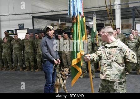 I soldati della 91Polizia Militare Battaglione accolti a casa due di loro quando Spc. Alec Alcoser e suoi militari cane da lavoro Alex si sono incontrati con acclamazioni e applausi Feb. 12 a Fort Drum. Alcoser e Alex erano assegnati al 8 Polizia Militare di distacco, 91MP Battaglione, sedicesima brigata MP, quando sono dispiegate in Afghanistan e sono rimasti gravemente feriti in un attentato suicida lo scorso agosto durante un piede al di fuori di pattuglia Bagram Airfield. Foto Stock