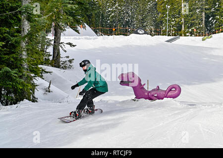 Ragazzo giovane lo snowboard a Mount Seymour ski hill, a nord di British Columbia, Canada Foto Stock