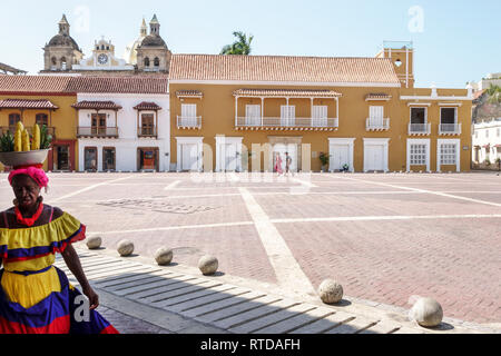 Cartagena Colombia,Plaza de la Aduana,piazza pubblica,Palenquera Black African Caribbean,donna femminile,venditore di frutta,costume tradizionale,herit culturale Foto Stock