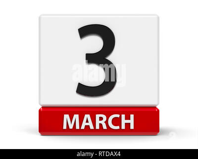 Rosso e bianco sull'icona del calendario dai cubi - La terza di marzo - su un tavolo bianco - Giornata Mondiale dello scrittore, World Wildlife giorno, Giorno Internazionale per Ea Foto Stock