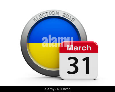 Emblema di Ucraina con pulsante calendario - Trenta prima di marzo - rappresenta il giorno delle elezioni 2019 in Ucraina, tridimensionale, rendering 3D illu Foto Stock