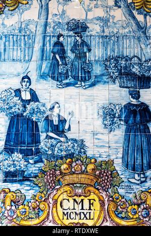 Le donne che vendono fiori, scene di strada, storico Azulejo dipinto piastrelle, dipinto piastrelle ceramiche, Market Hall, Funchal, Madeira Foto Stock