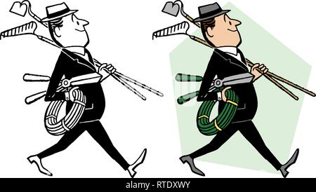 Un uomo che porta una bracciata di utensili da giardinaggio. Illustrazione Vettoriale