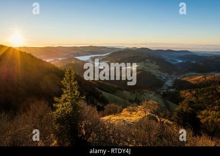 Vista da Belchen nella valle del Wiesental, Atmosfera mattutina con la nebbia, Foresta Nera, Baden-Württemberg, Germania Foto Stock