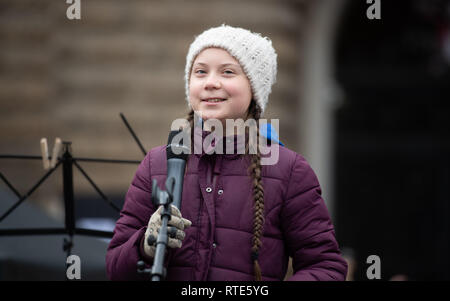 Amburgo, Germania. 01 Mar, 2019. Attivista del clima Greta Thunberg parla in un raduno presso il municipio di mercato. La giovane donna svedese è venuto in Germania per la prima volta per una scuola sciopero per di più la protezione del clima. Credito: Daniel Reinhardt/dpa/Alamy Live News Foto Stock