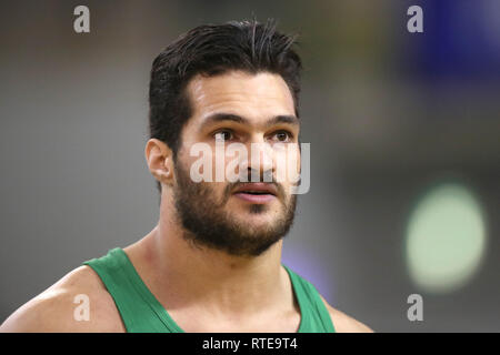 Glasgow, Scotland, Regno Unito. 01 Mar, 2019. L'atletica Europei Indoor campionati, colpo messo, uomini, qualificazione negli Emirati Arena: Francisco Belo, Portogallo. Credito: Soeren Stache/dpa/Alamy Live News Foto Stock