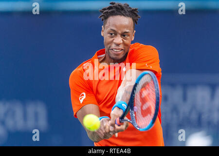 Dubai, EAU. 1 Marzo, 2019. Gael Monfils di Francia per la semi finale match contro Stefanos Tsitsipas della Grecia durante il Dubai Duty Free campionato di tennis presso il Dubai International Tennis Stadium, Dubai, UAE il 01 marzo 2019. Foto di concedere l'inverno. Credit: UK Sports Pics Ltd/Alamy Live News Foto Stock