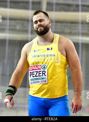 Glasgow, Scotland, Regno Unito. 01 Mar, 2019. L'atletica Europei Indoor campionati, colpo messo, uomini, qualificazione negli Emirati Arena: Mesud Pezer, Bosnia Erzegovina. Credito: Soeren Stache/dpa/Alamy Live News Foto Stock