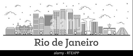 Profilo di Rio de Janeiro in Brasile dello skyline della città con moderni edifici isolati su bianco. Illustrazione Vettoriale. Rio de Janeiro Cityscape con punti di riferimento. Illustrazione Vettoriale