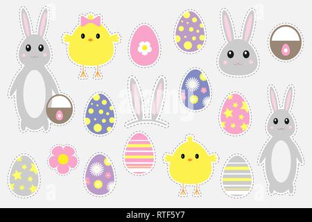 Colorate diverse immagini di Pasqua per i bambini, divertente gioco di educazione per i bambini in età prescolare, attività, set di adesivi, vettore Illustrazione Vettoriale