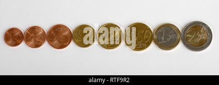 Euro e centesimi in una fila, 1 cent, 2 cent, 5 cent, 10 cent, 20 cent, 50 cent, 1 euro e 2 euro monete, Germania