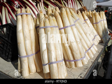 I grappoli di grande bianco asparagi organico nell'ortolano stallo Foto Stock