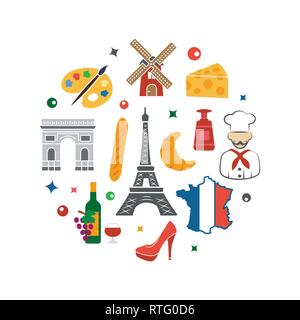 Francia illustrazione con icone su bianco Illustrazione Vettoriale