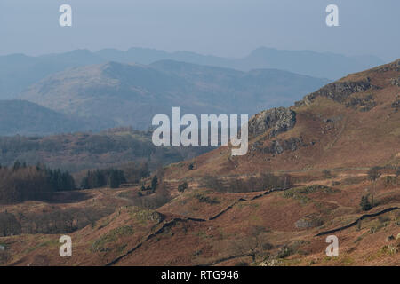 Il grande Langdale skyline di Crinkle Crags, Bowfell e The Langdale Pikes sopra visto Lingmoor cadde dalle pendici del Loughrigg cadde, Lago Dis Foto Stock