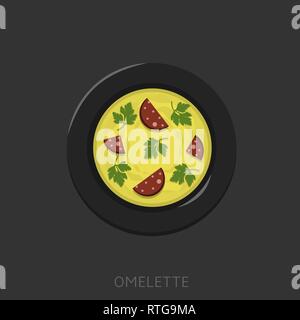 La frittata. Uova fritte con verde di prezzemolo e salsicce in una piastra nera Top Visualizza illustrazione vettoriale Illustrazione Vettoriale