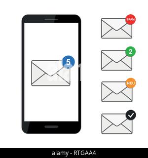 Mail icona a forma di busta in un nero smartphone illustrazione vettoriale EPS10 Illustrazione Vettoriale