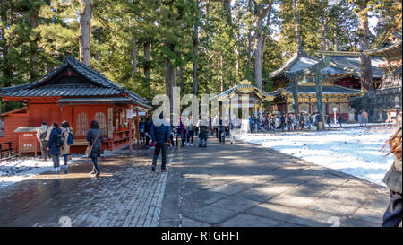 NIKKO, Giappone - 2 febbraio 2019: persone non identificate al Santuario Toshogu. Il santuario è il luogo del riposo finale dei Tokugawa Ieyasu, il fondatore del Toku Foto Stock