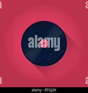 Vinile nero registrare disco concetto piatta illustrazione vettoriale su sfondo rosso. Illustrazione Vettoriale