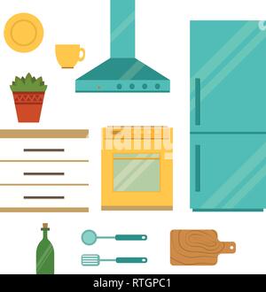Set di utensili da cucina cucina piatto interno illustrazione vettoriale. Illustrazione Vettoriale