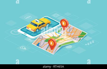 Geo tracking. Online oder taxi service app concetto. Vettore di un taxi giallo e percorso GPS PIN sullo smartphone Illustrazione Vettoriale