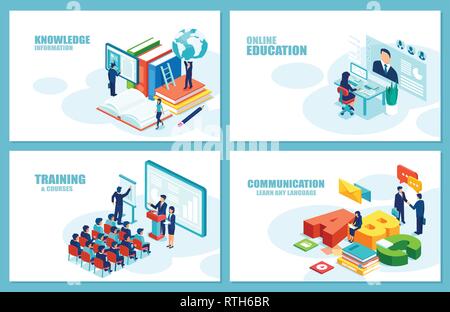 Teledidattica, formazione Corsi di lingua concetto. Moderno vettore per lo sviluppo di siti web. Set di template di pagine web Illustrazione Vettoriale