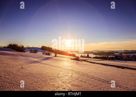 Lago, campi innevati e tramonto: scenario a Wallersee, Austria Foto Stock