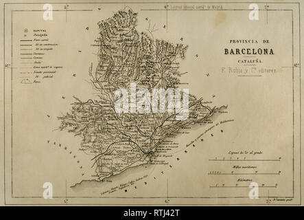 Mappa. Provincia di Barcellona, 1866. Crónica General de España, Historia Ilustrada y Descriptiva de sus Provincias. La Catalogna. 1866. Foto Stock